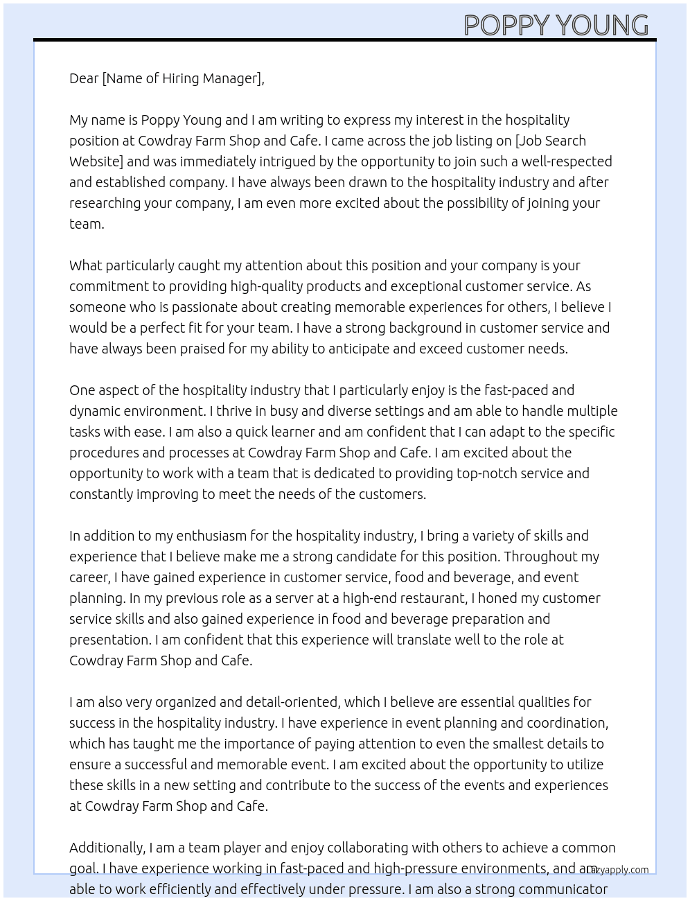 hospitality  At cowdray farm shop and cafe  Cover Letter