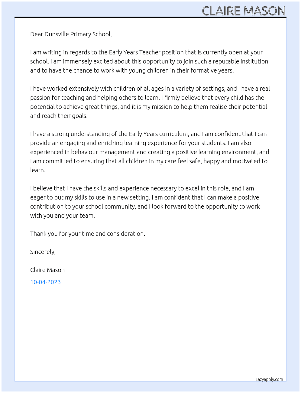 Early years teacher At Dunsville primary school Cover Letter