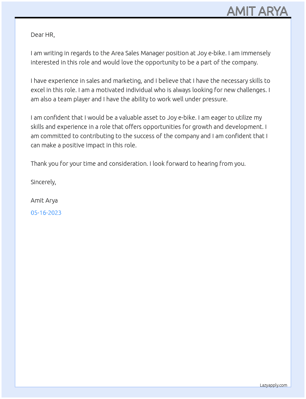Area sales manager  At Joy e-bike Cover Letter