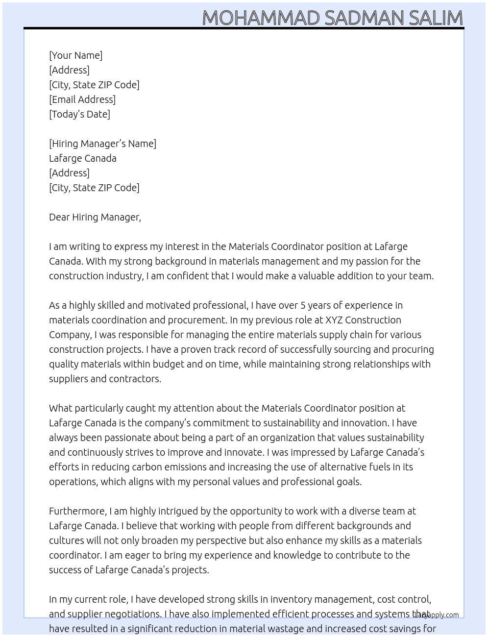 Materials Coordinator  At Lafarge Canada Cover Letter