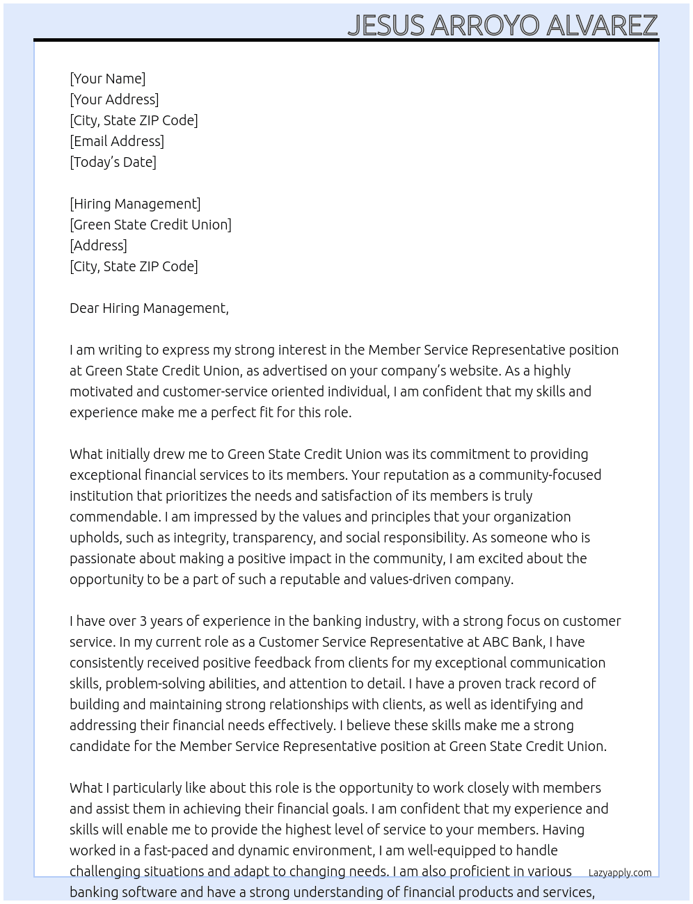 Member Service Representative At Green State Credit Union Cover Letter