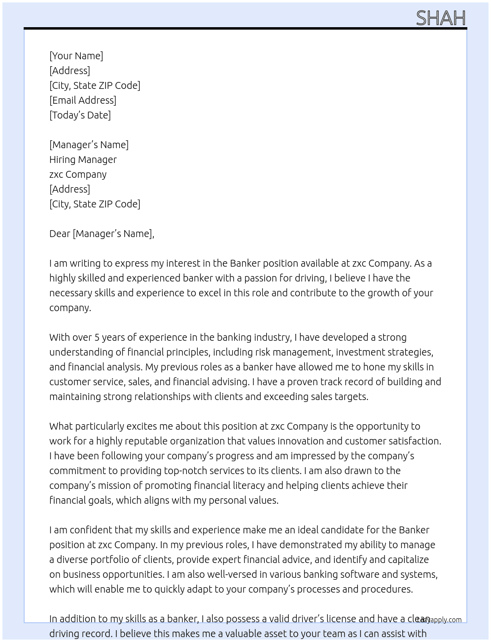 Banker At zxc Cover Letter