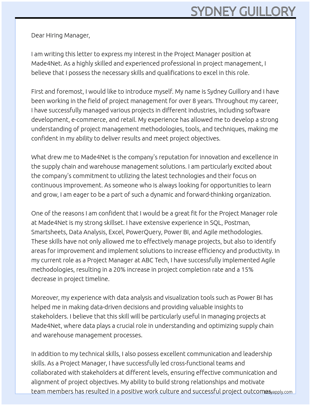 Project Manager At Made4Net Cover Letter