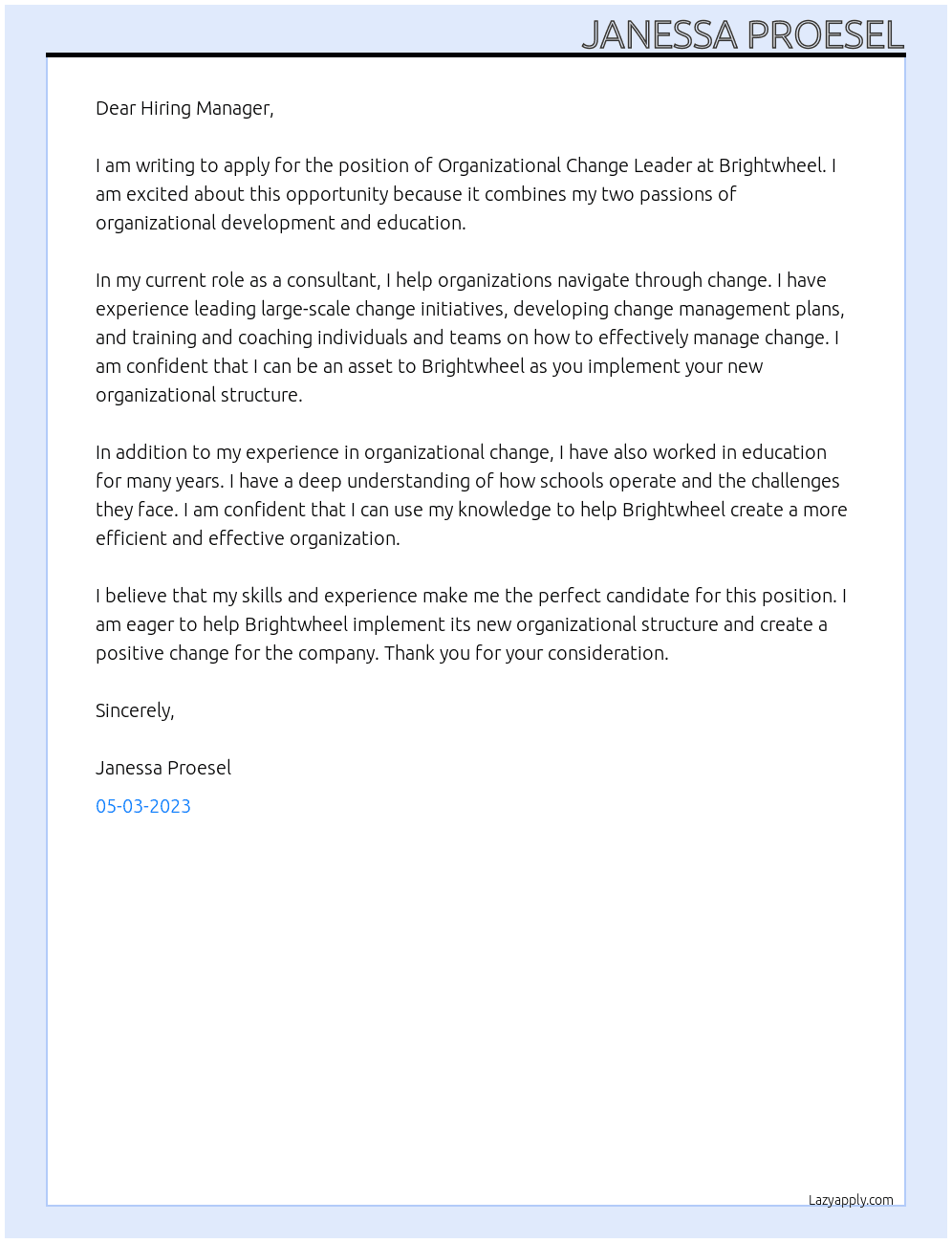 Organizational Change Leader At brightwheel Cover Letter