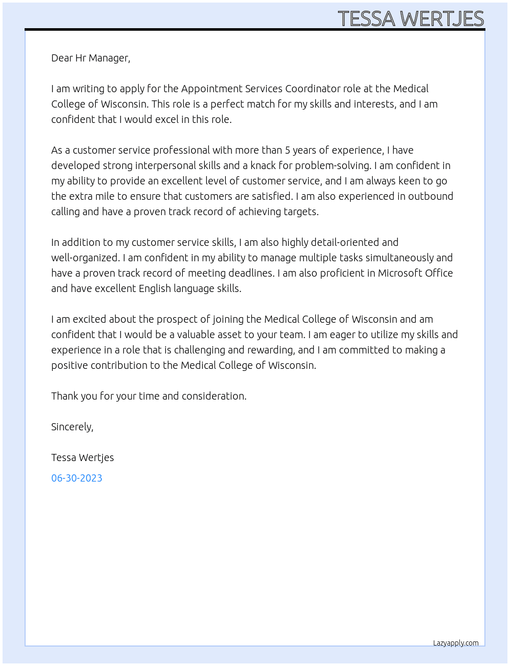 Appointment Services Coordinator At Medical College of Wisconsin  Cover Letter