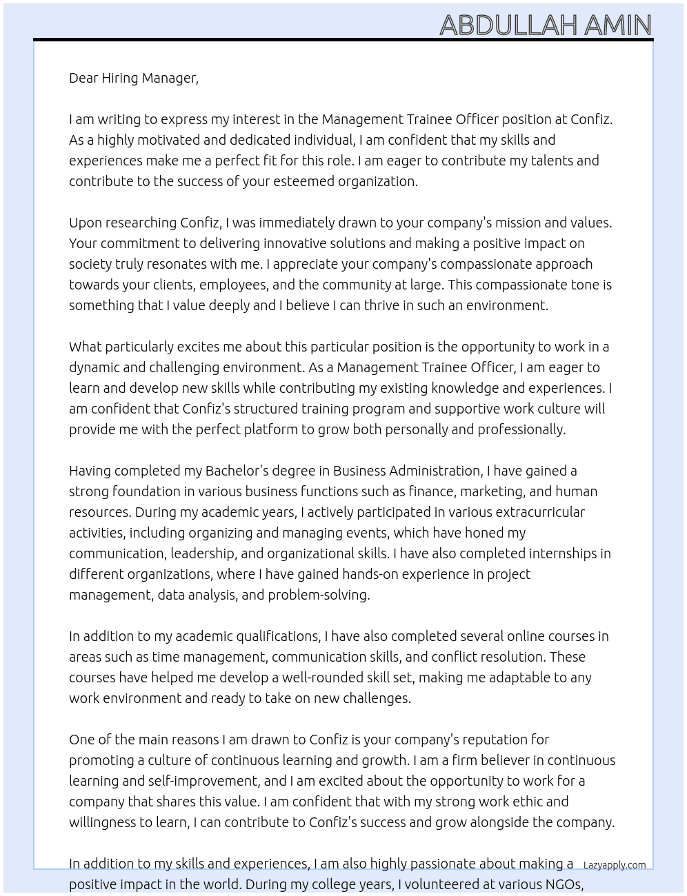 Management Trainee Officer At Confiz Cover Letter