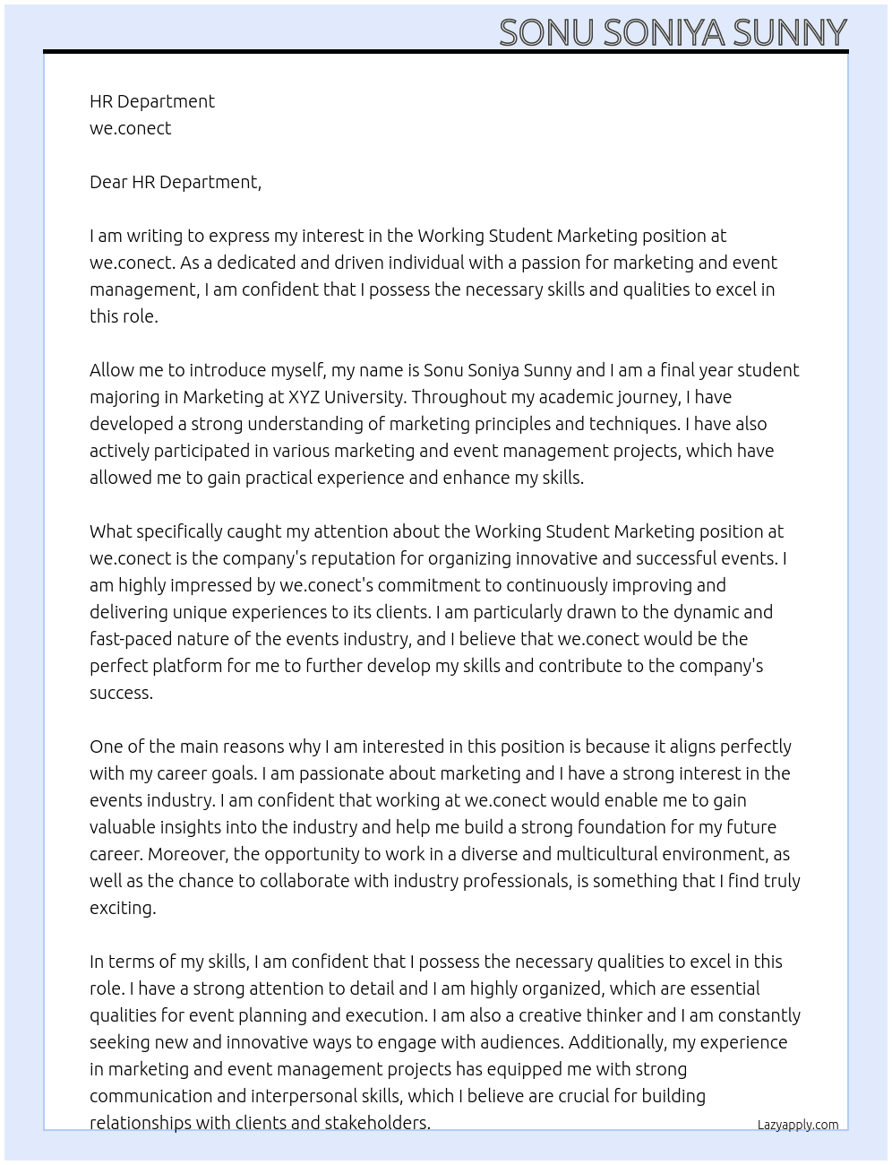 working student marketing At we.conect Cover Letter