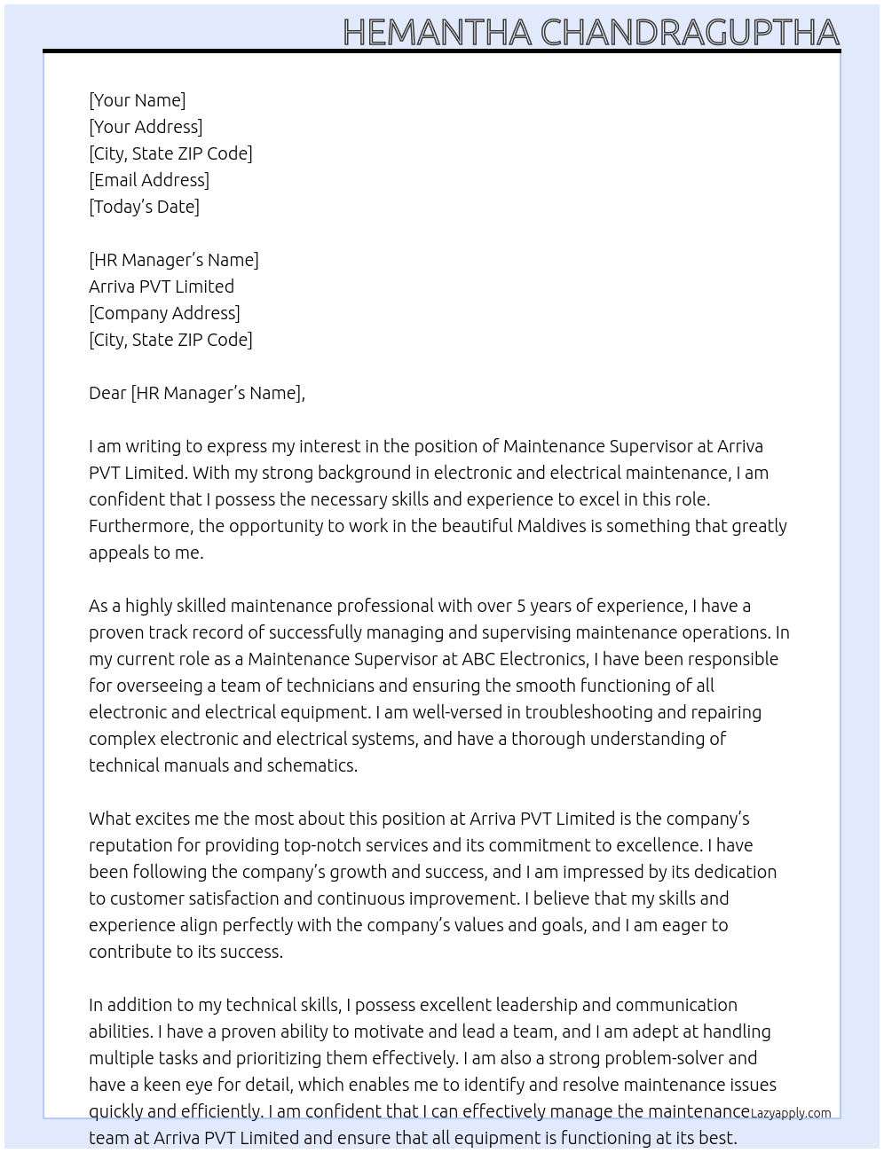 Maintenance Supervisor At Arriva PVT Limited Cover Letter