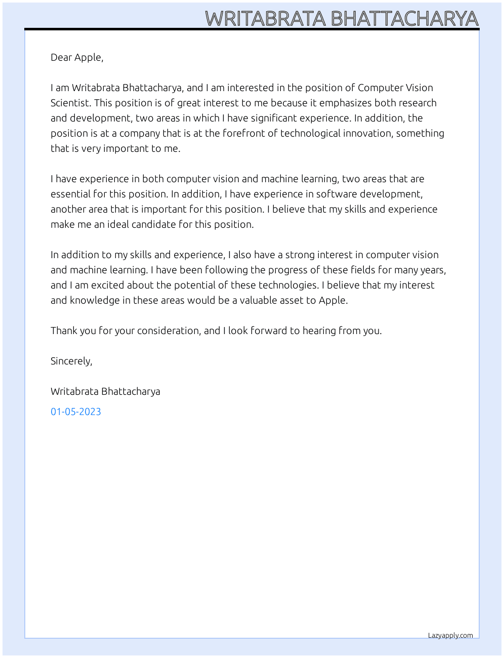 Cover letter for computer vision scientist - LazyApply