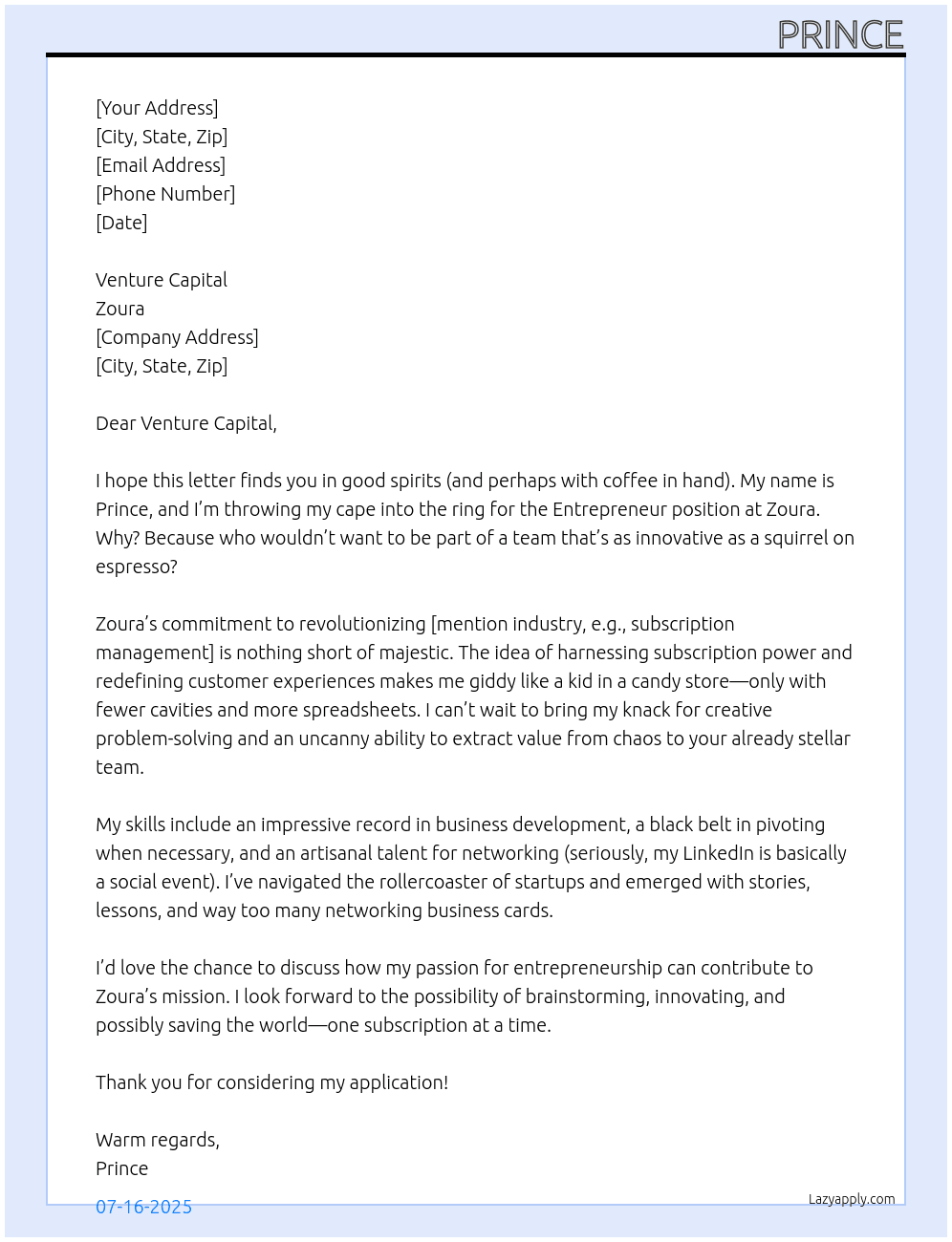 Entrepreneur At Zoura Cover Letter