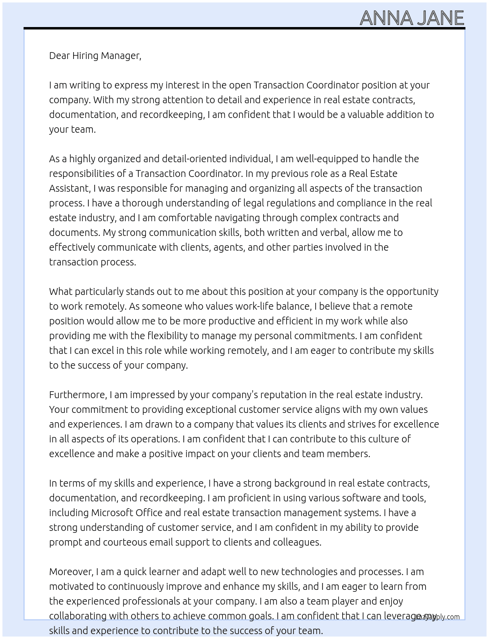 Transaction Coordinator At open position Cover Letter