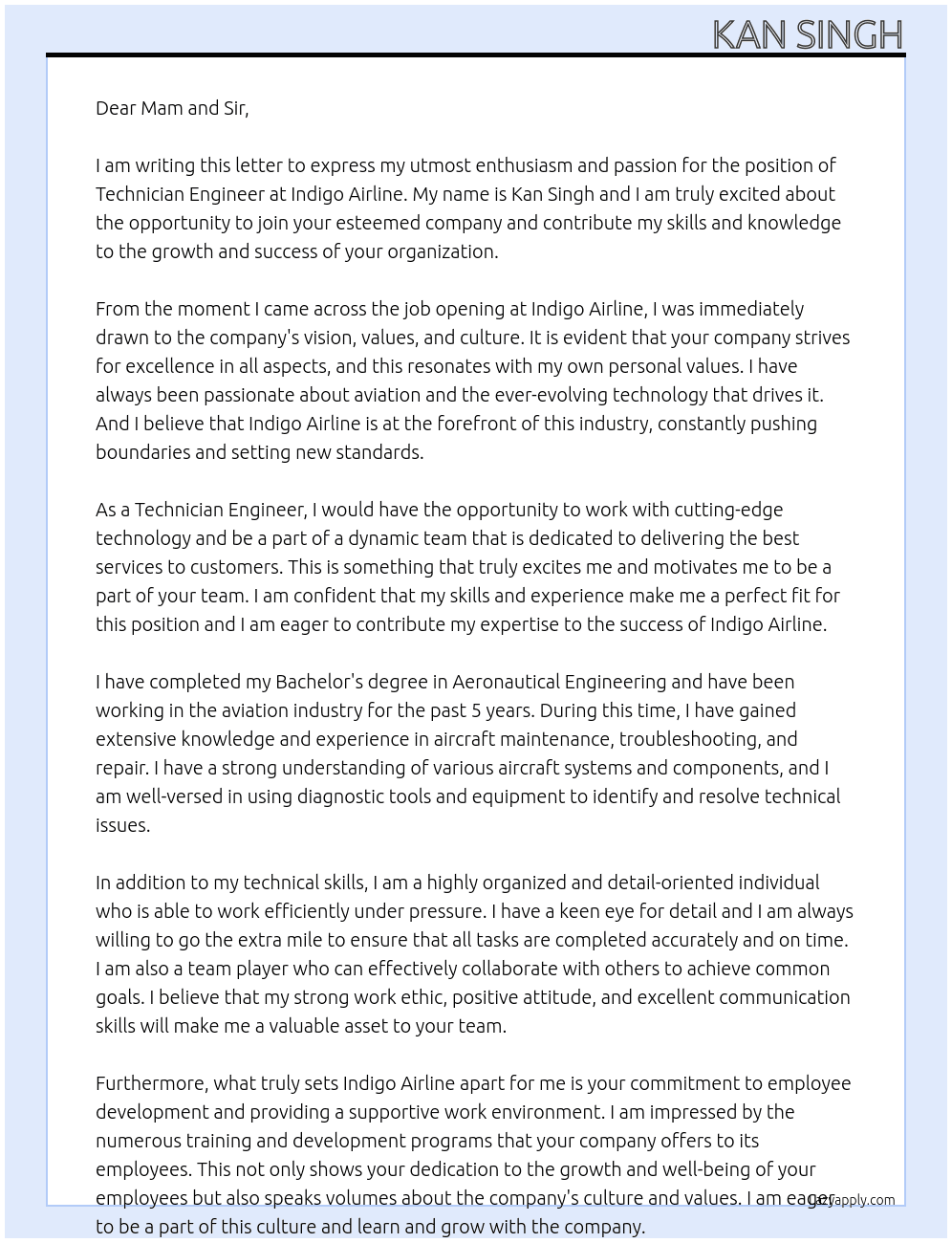 Cover letter for technician engineer - LazyApply
