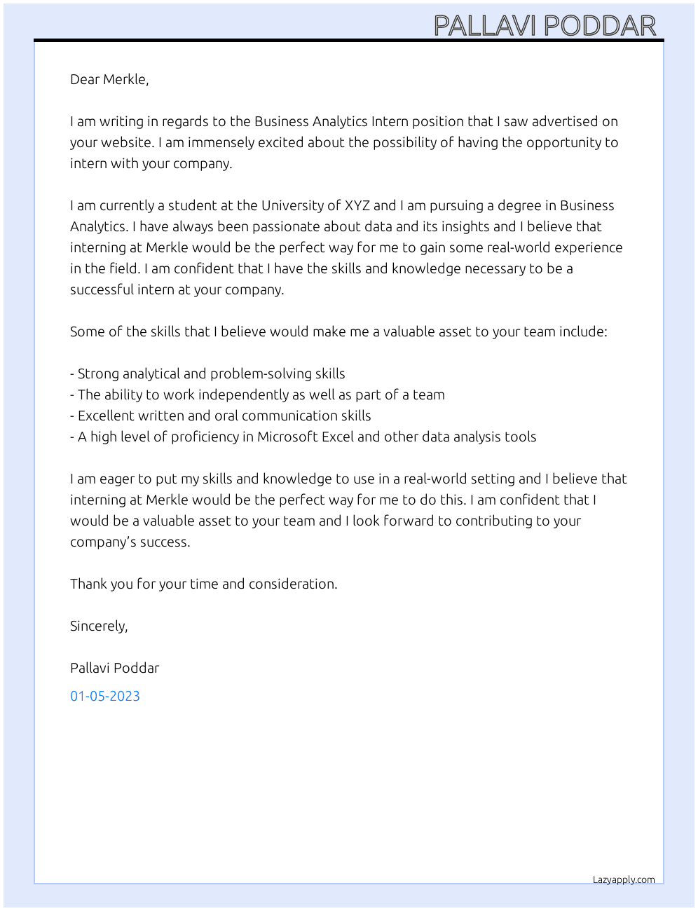 Business analytics intern  At Merkle  Cover Letter