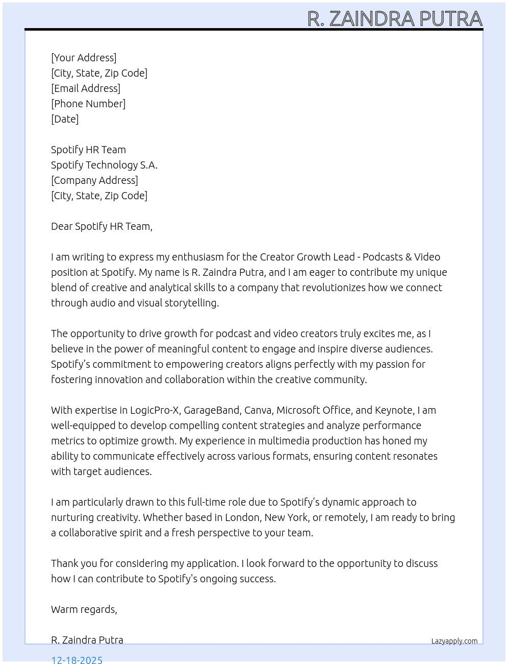 Cover letter for creator growth lead - podcasts & video - LazyApply