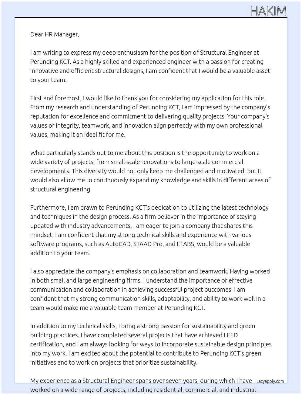 structural engineer At Perunding KCT Cover Letter