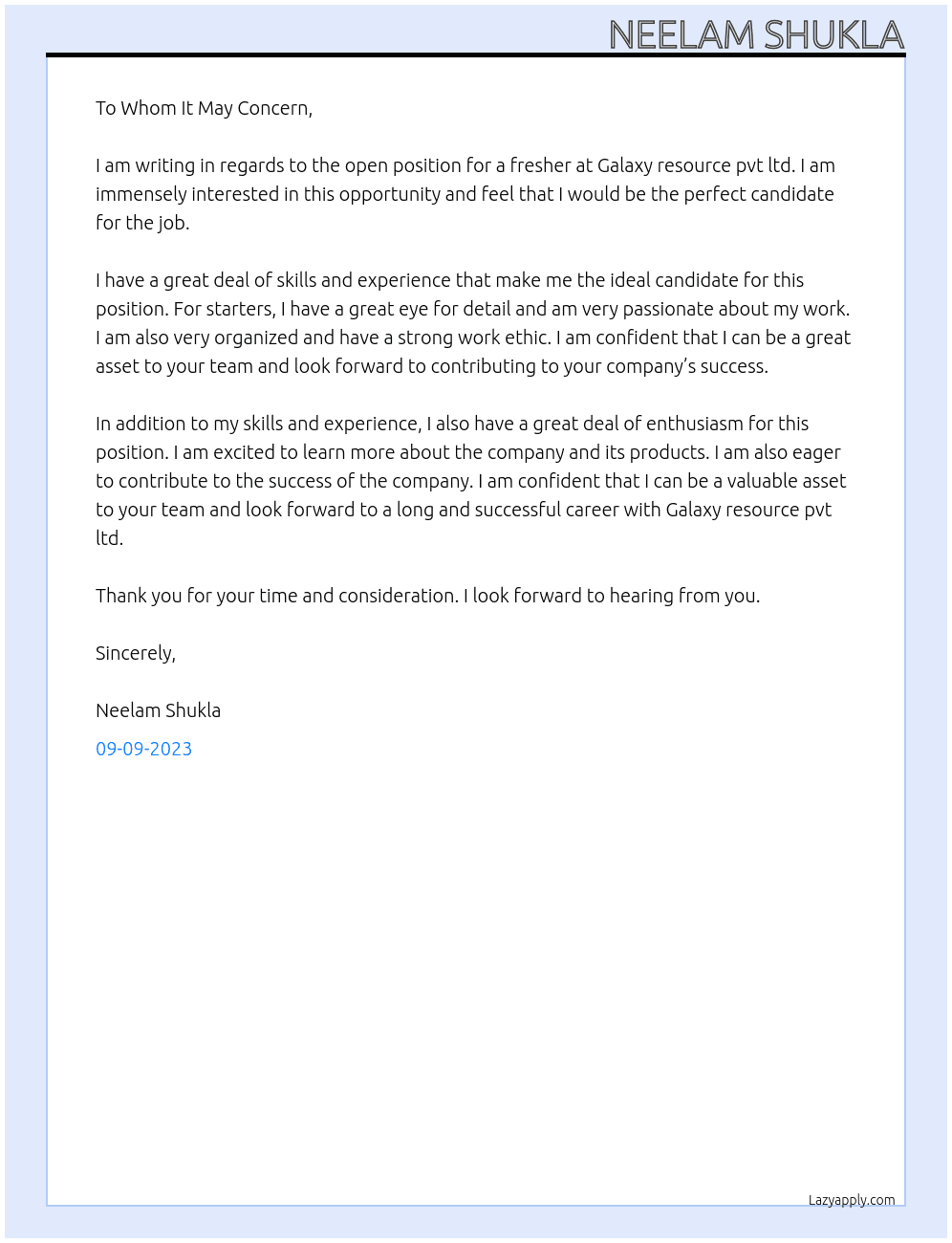 Fresher At Galaxy resource pvt ltd Cover Letter