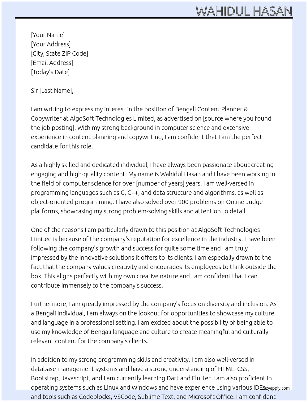 Bengali Content Planner & Copywriter At AlgoSoft Technologies Limited Cover Letter