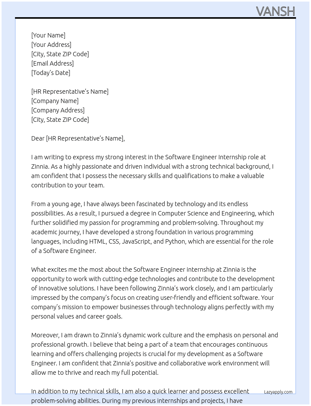 Software Engineer At Zinnia Cover Letter