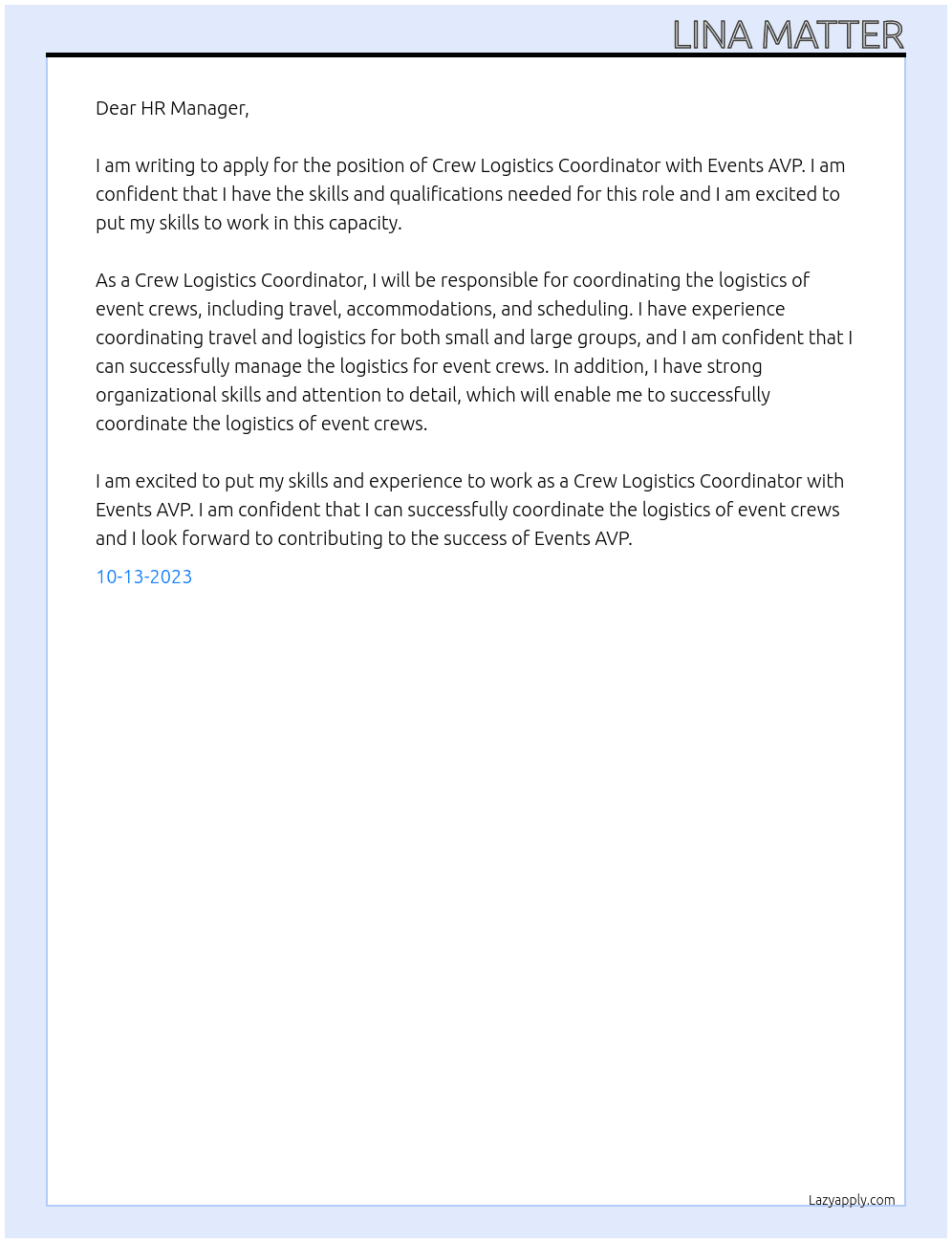 Crew Logistics Coordinator At Events AVP Cover Letter