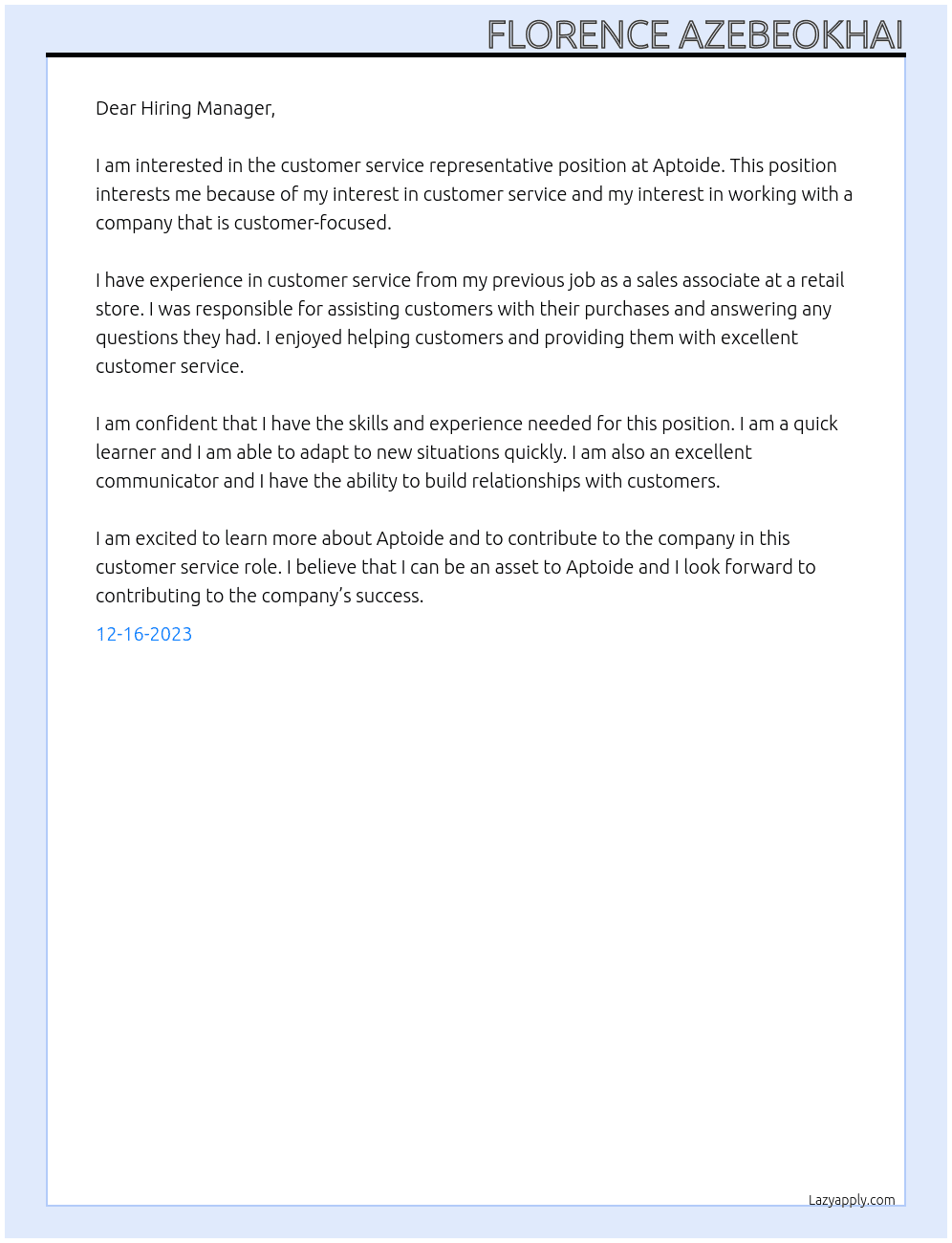 Customer service representative At Aptoide Cover Letter