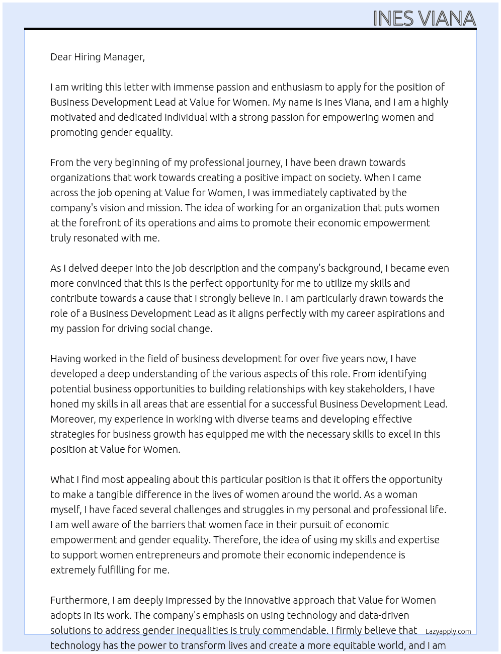 Business Development Lead At Value for Women Cover Letter