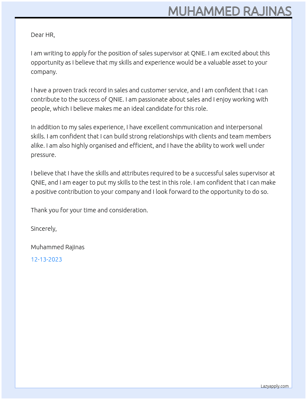 Sales supervisor At QNIE Cover Letter