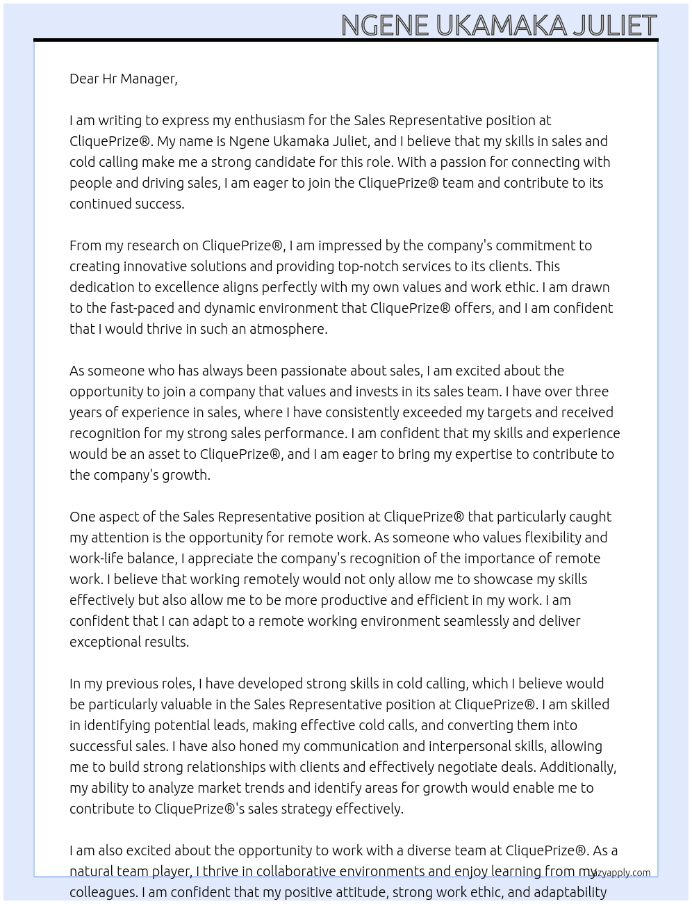 Sales representative At  CliquePrize® Cover Letter