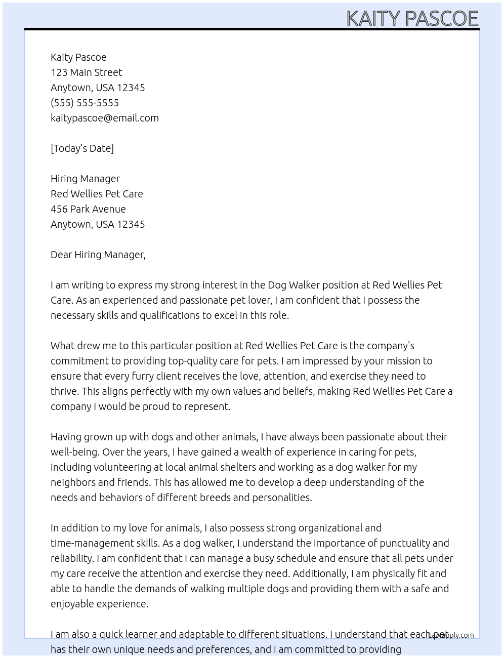 Dog walker At Red Wellies Pet Care Cover Letter