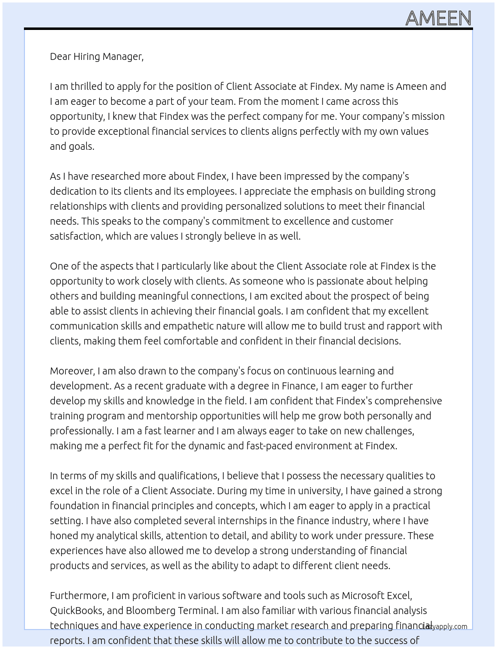 Client Associate At findex Cover Letter