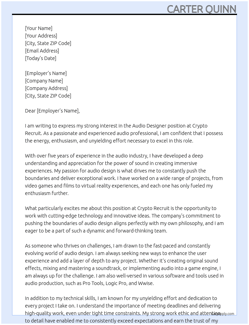 Audio Designer At Crypto Recruit Cover Letter