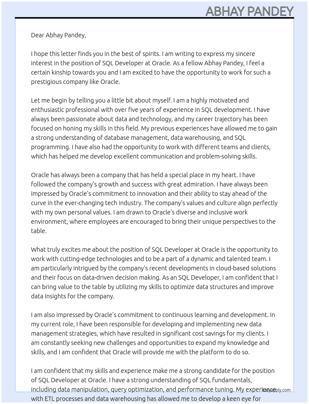 SQL Developer At Oracle Cover Letter