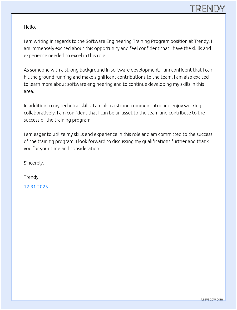 Software Engineering Training Program At Trendy Cover Letter