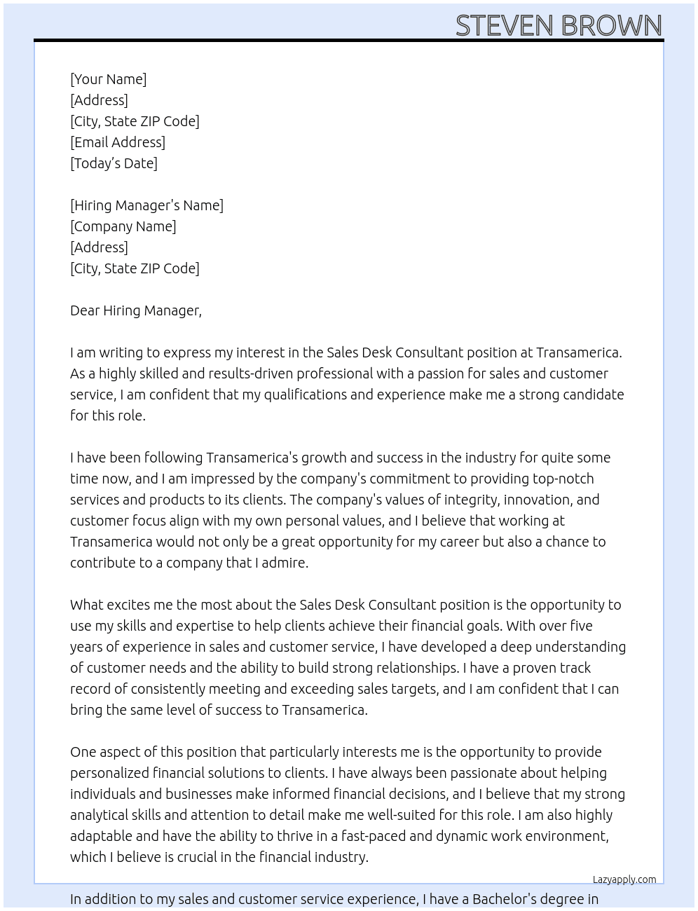Sales Desk Consultant At Transamerica Cover Letter