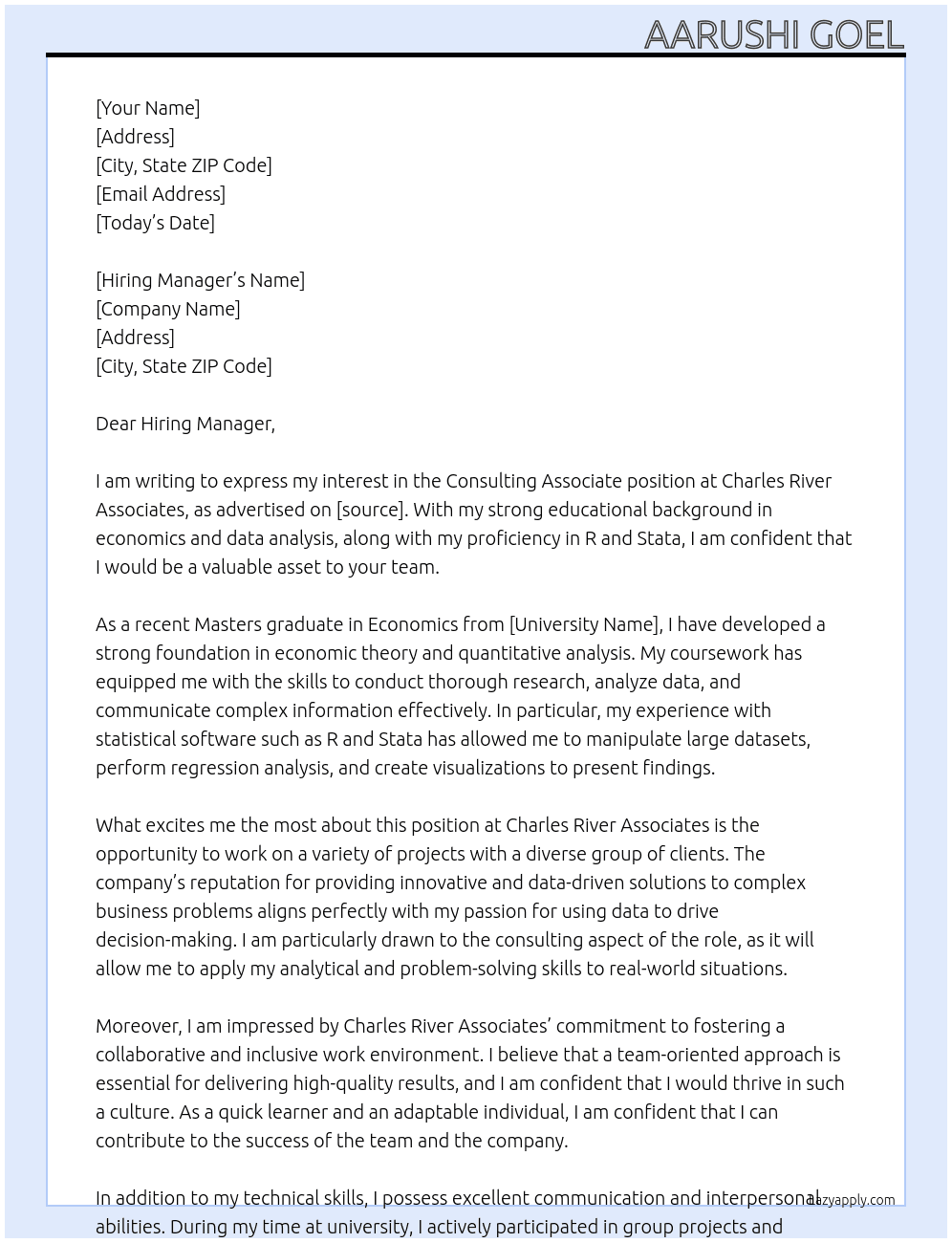 Consulting Associate At Charles River Associates Cover Letter