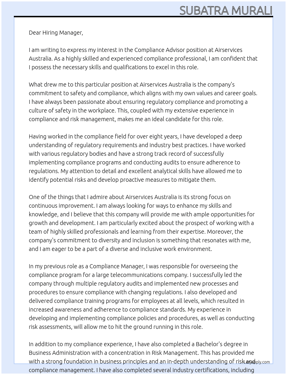 Compliance Advisor At Airservices Australia Cover Letter
