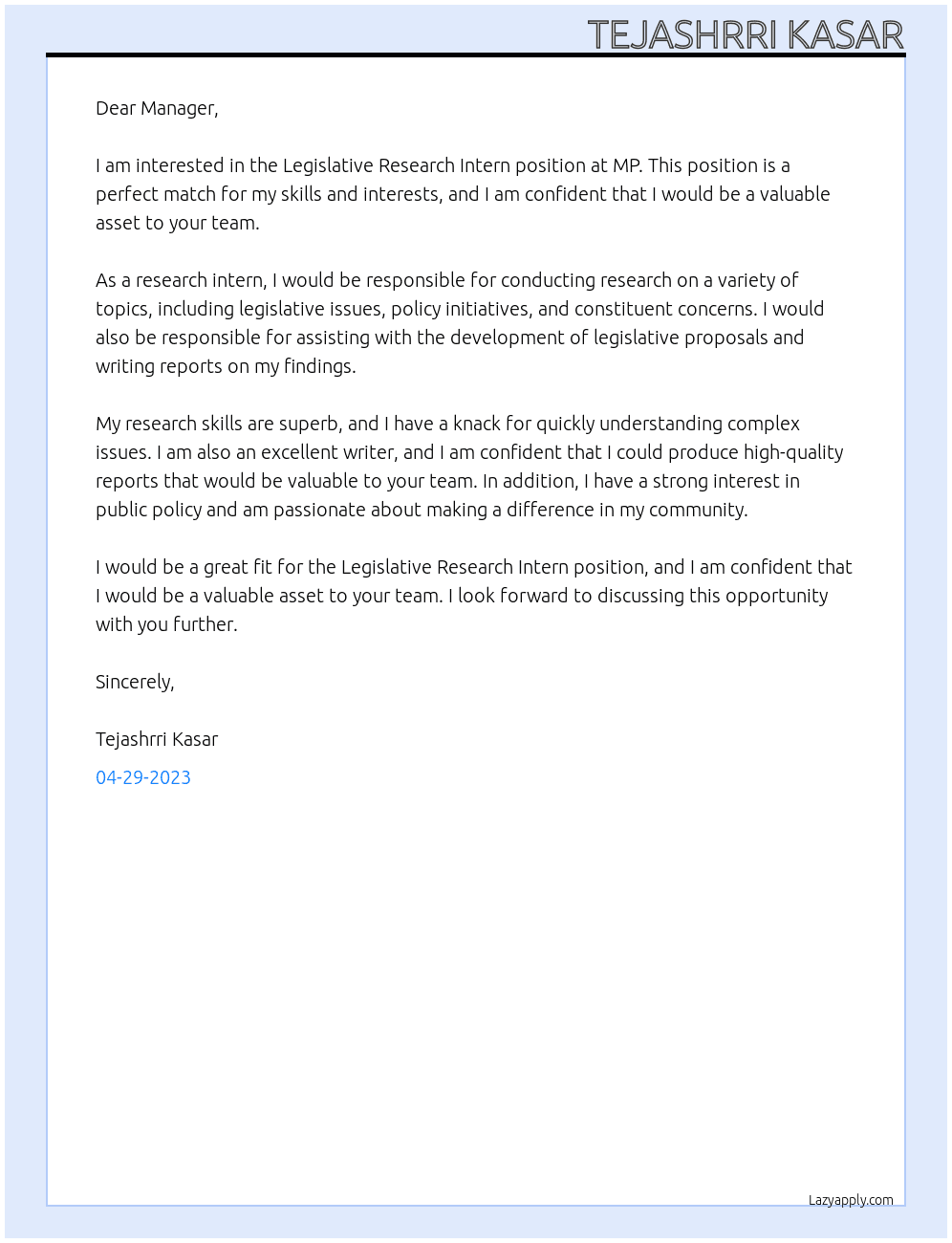 Legislative Research Intern At MP Cover Letter