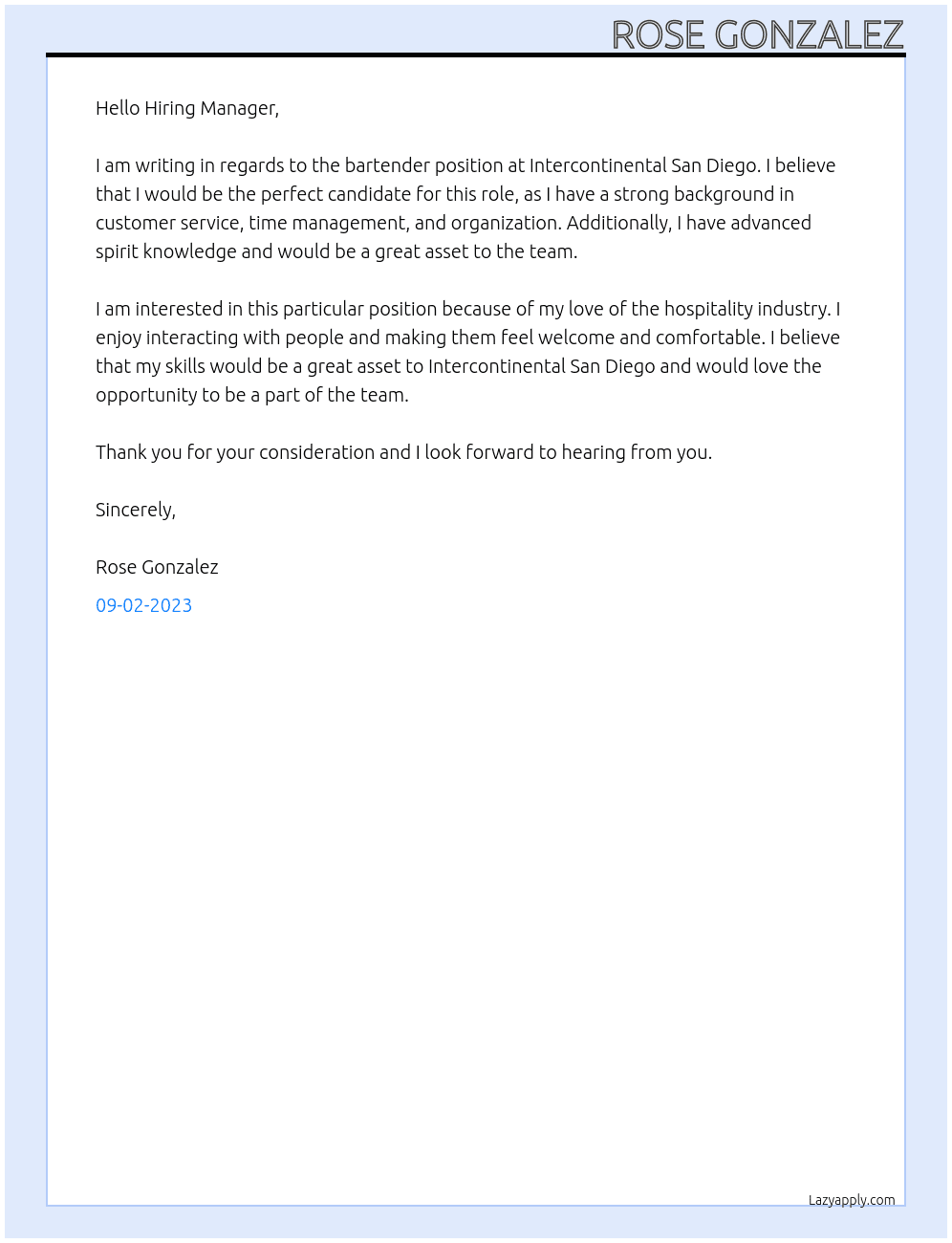 Bartender  At Intercontinental San Diego Cover Letter