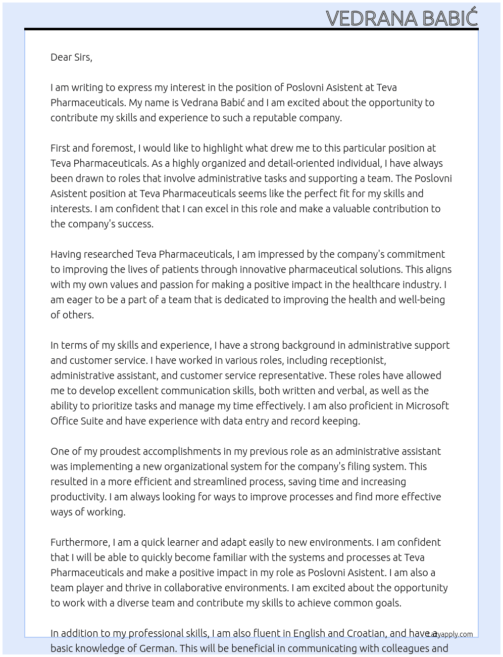 Poslovni Asistent At Teva Pharmaceuticals Cover Letter