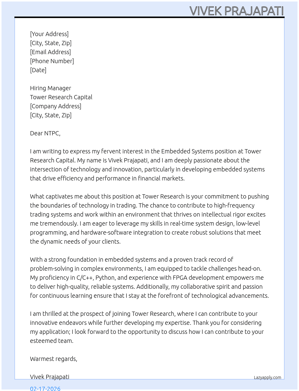 Embedded system  At Tower Research captila Cover Letter