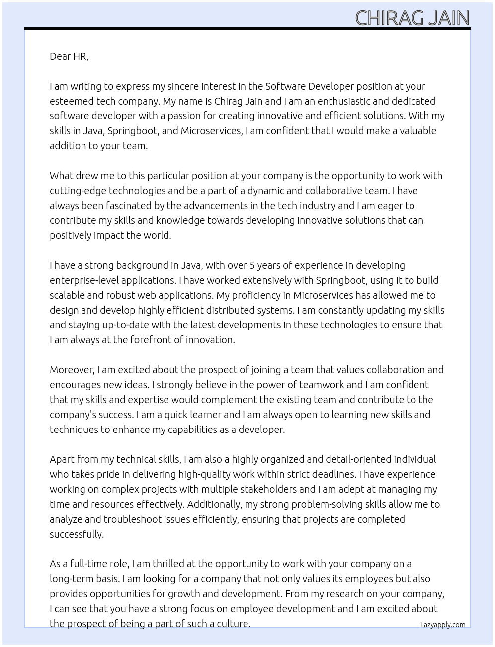 Software devloper At Tech company Cover Letter
