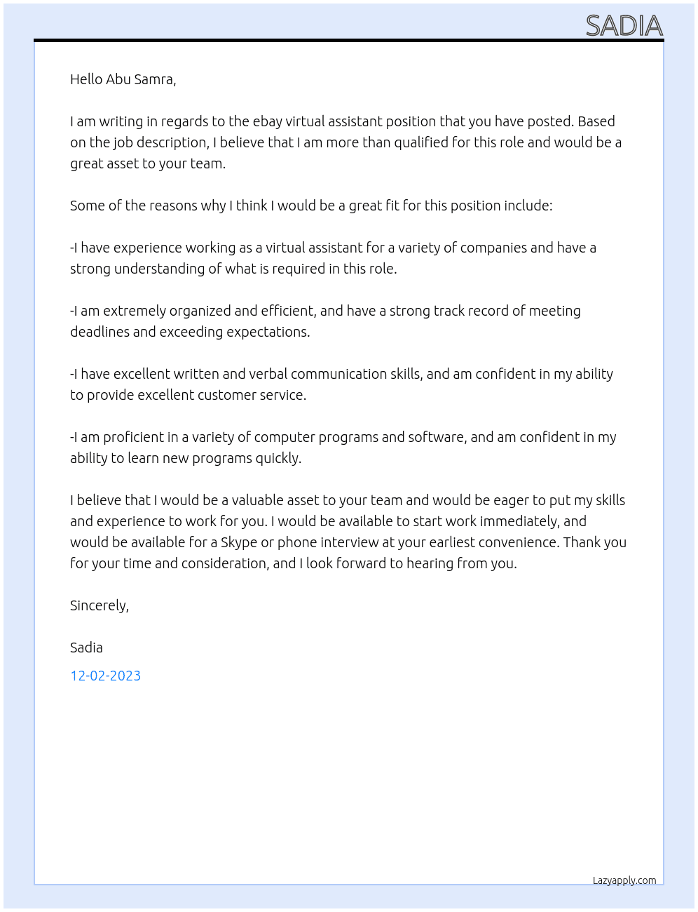 ebay virtual assistant At virtual assistant from ebay Cover Letter