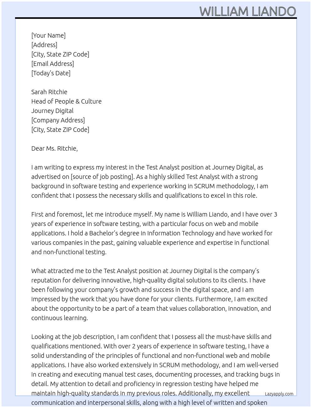Test Analyst At Journey Digital Cover Letter