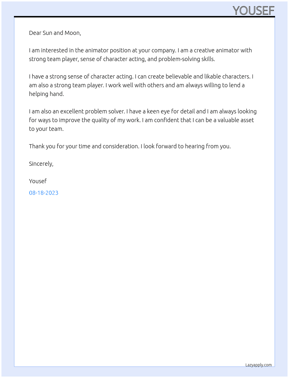 animator At Sun and Moon Cover Letter