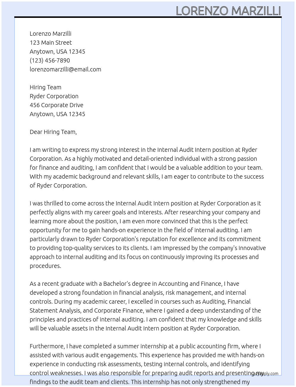 Internal Audit Intern At Ryder Corporation  Cover Letter