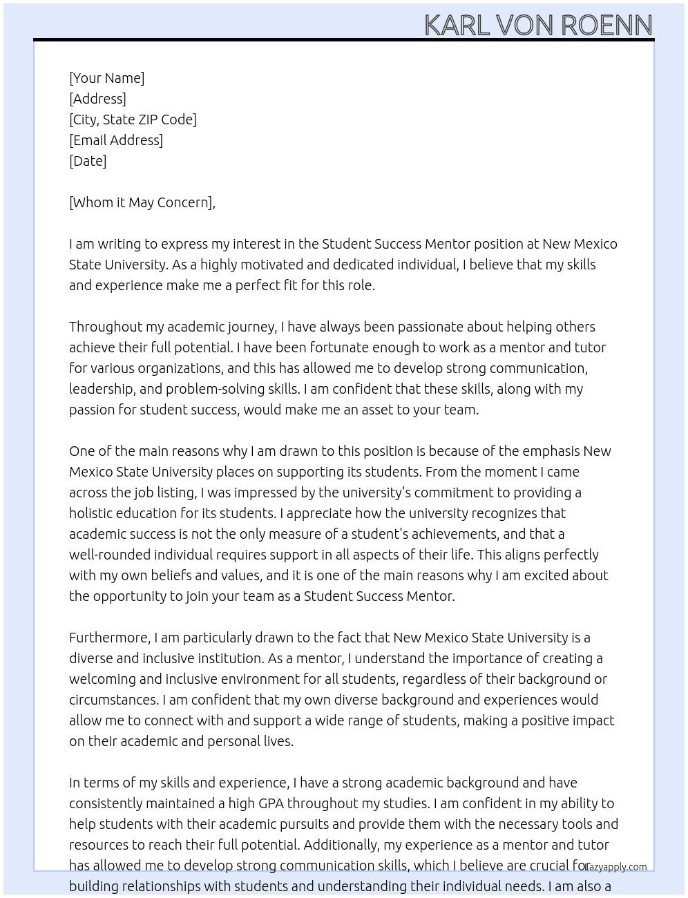 Student Success Mentor At New Mexico State University Cover Letter
