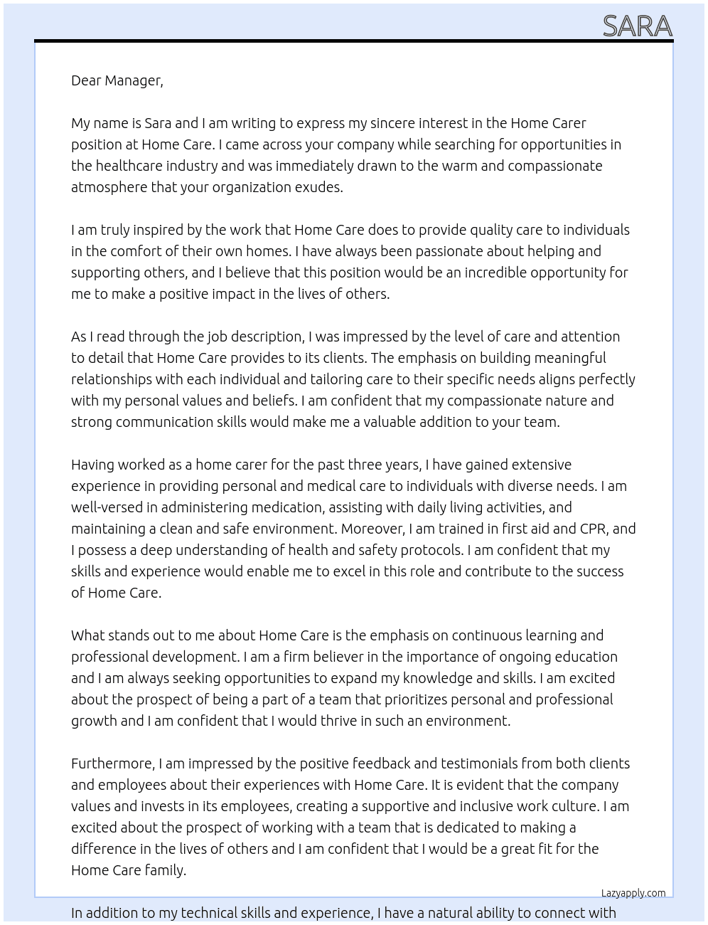Home carer  At Home care Cover Letter