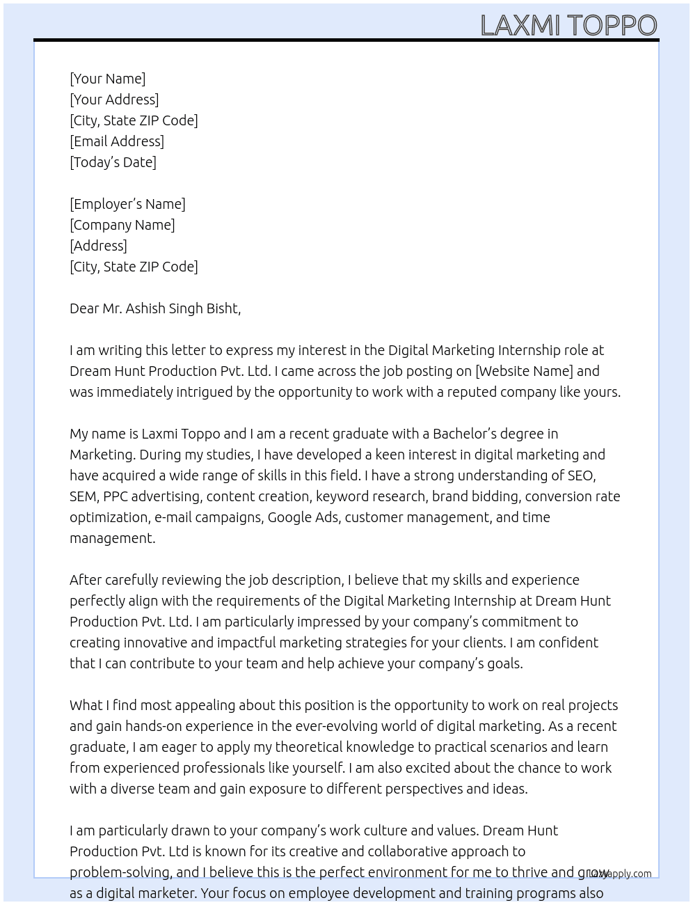 Digital Marketing Internship At Dream Hunt Production Pvt. Ltd Cover Letter