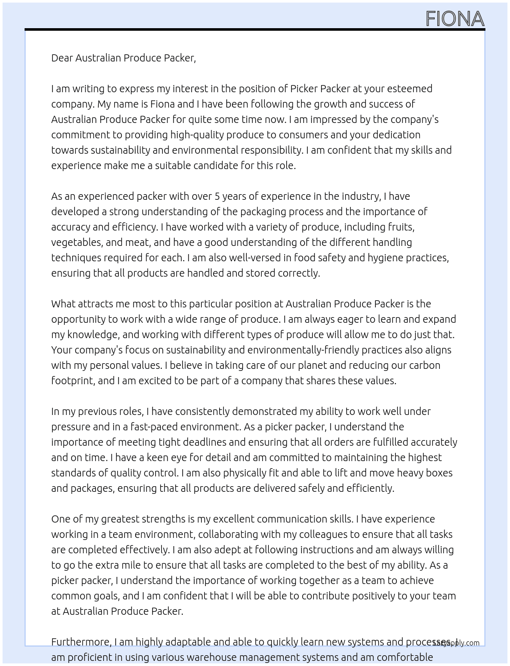 picker packer At Australian produce packer Cover Letter