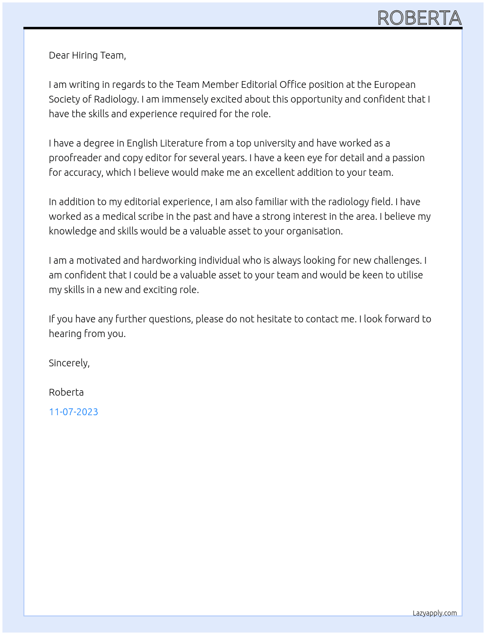 Team Member Editorial Office At European Society of Radiology  Cover Letter