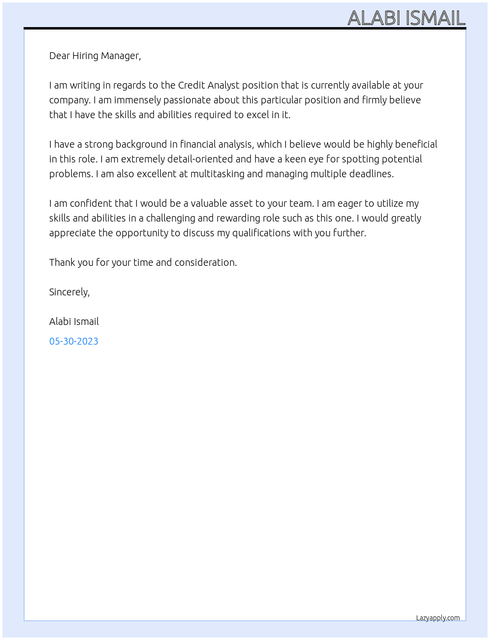 Credit Analyst  At HORECA sector  Cover Letter
